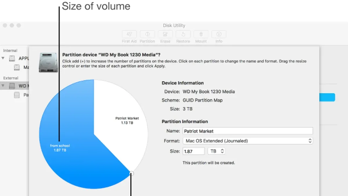 User resizing a partition in Disk Utility on a MacBook screen