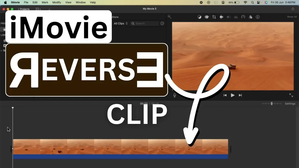 User reversing a clip in iMovie on a laptop screen