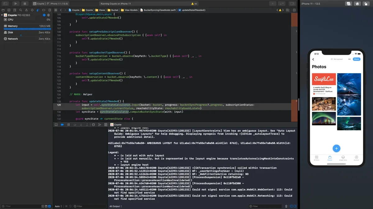 Developer running an iOS simulator in Xcode on a Mac laptop
