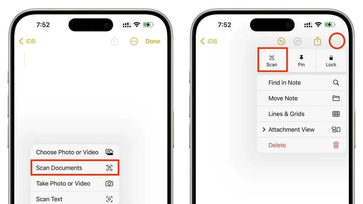 iPhone screen showing how to scan a document into Notes in Notes app