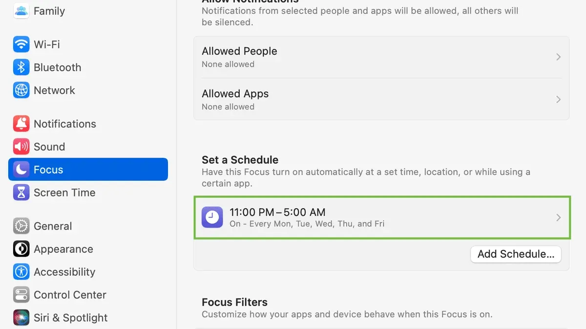 MacBook screen showing how to schedule Do Not Disturb on Mac settings
