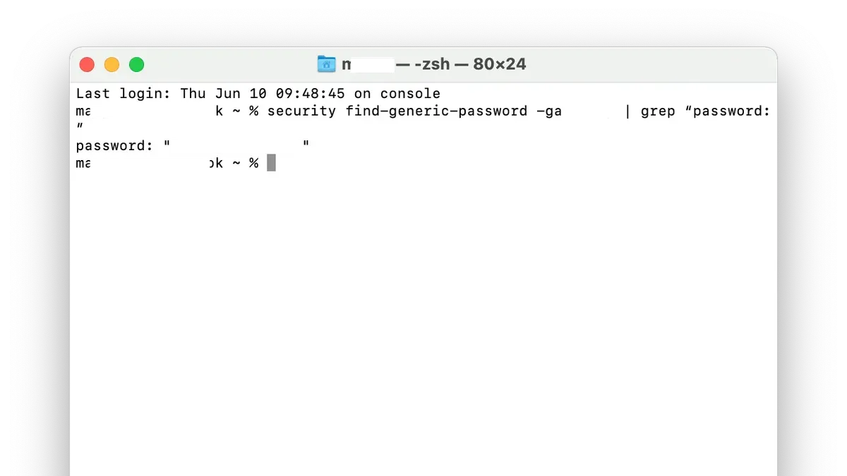 Mac Terminal window displaying command to see Wi-Fi password on Mac