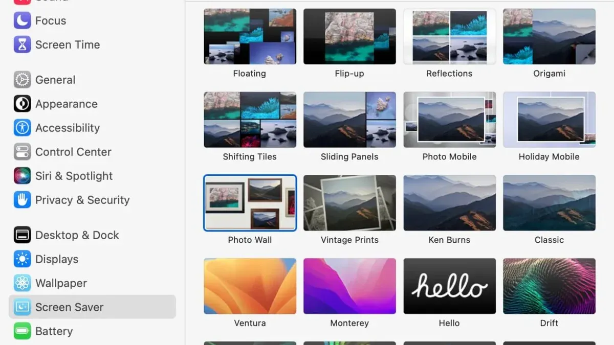 How to set a screen saver on Mac displayed on MacBook screen with settings open