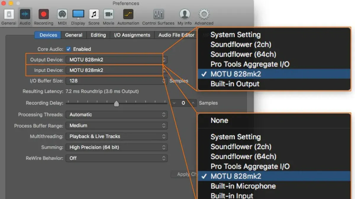 Person setting up an audio interface in Logic Pro on a laptop in a home studio