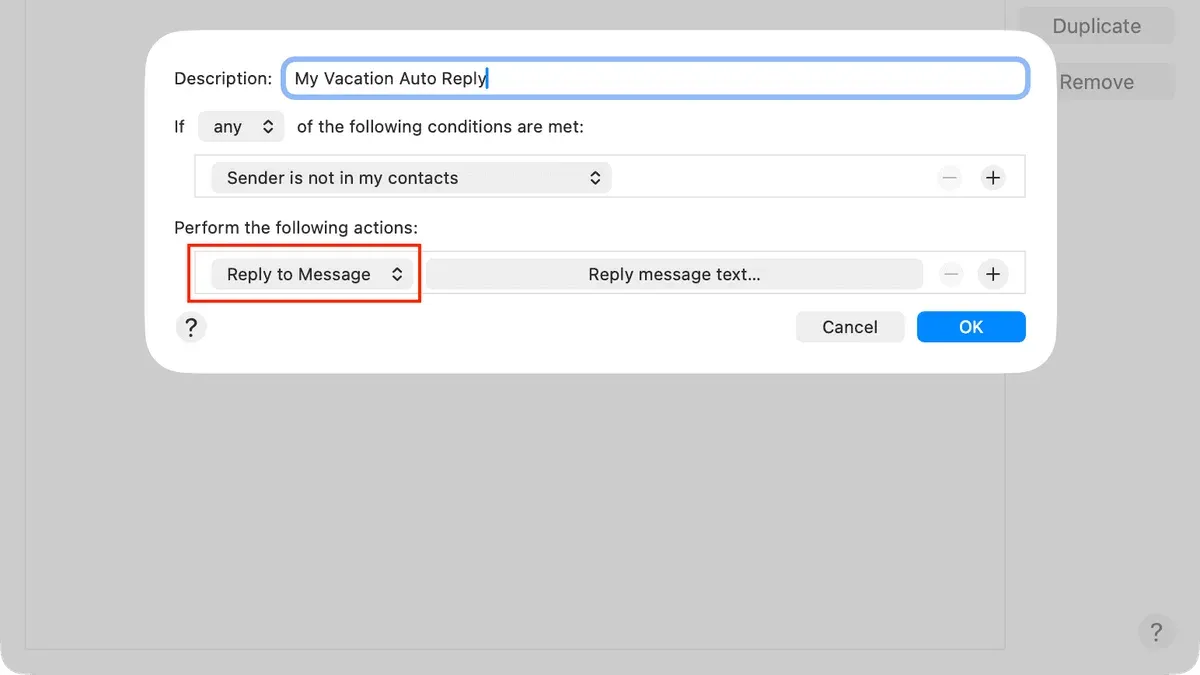 How to set up an auto reply in Mail app shown on laptop screen