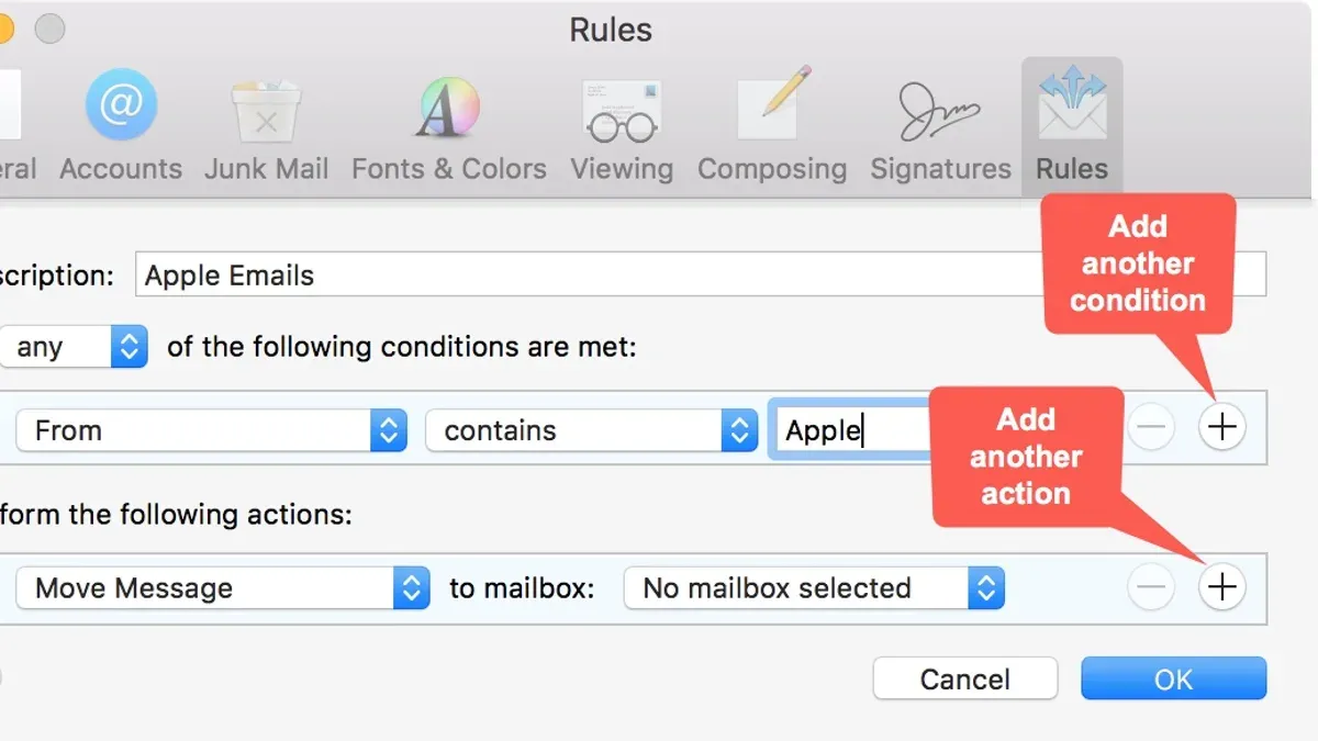 User configuring how to set up mail rules in Mail app on laptop and smartphone
