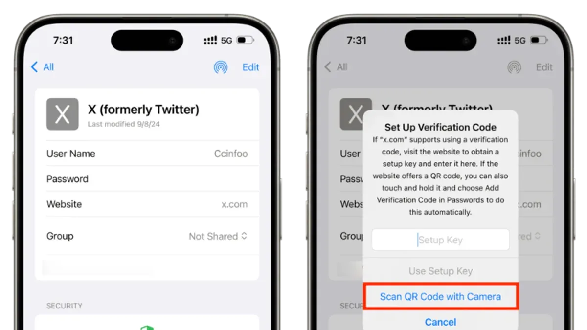 User setting up verification codes in Passwords app on smartphone