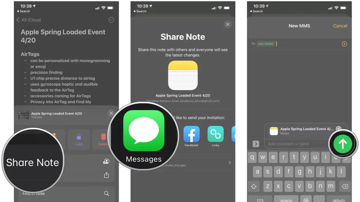 Person sharing a note to collaborate in Notes app on tablet