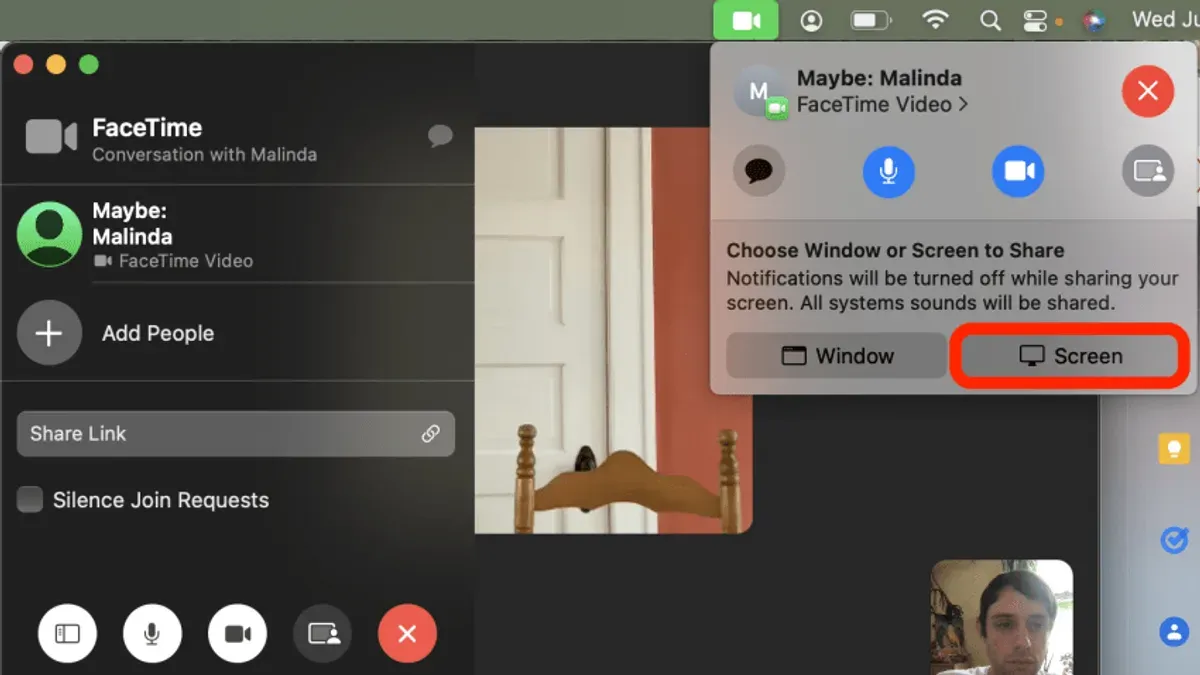 How to share screen on FaceTime in FaceTime on Mac shown on laptop screen during call