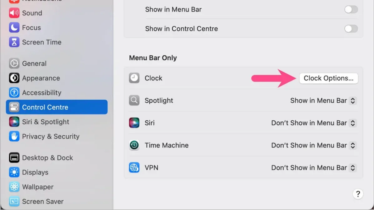 Mac menu bar clock showing seconds enabled on screen