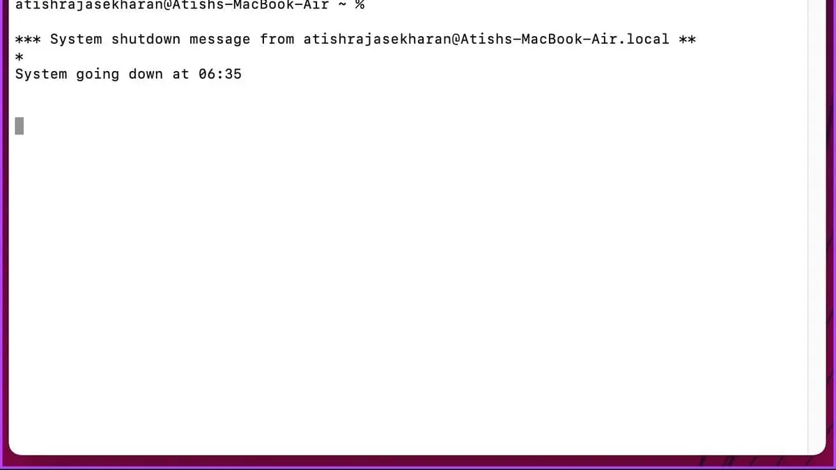Mac Terminal showing how to shutdown with timer in Mac Terminal command