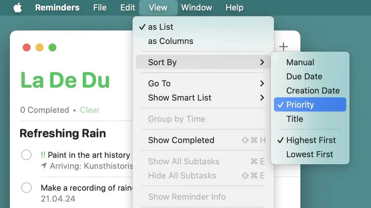 Reminders app on Mac screen displaying tasks sorted by due date