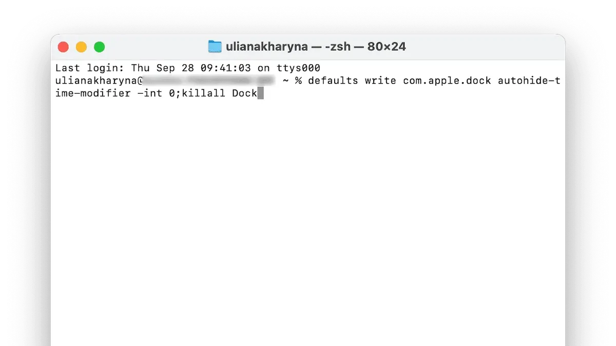 Mac Terminal window showing commands to speed up Dock animation on Mac