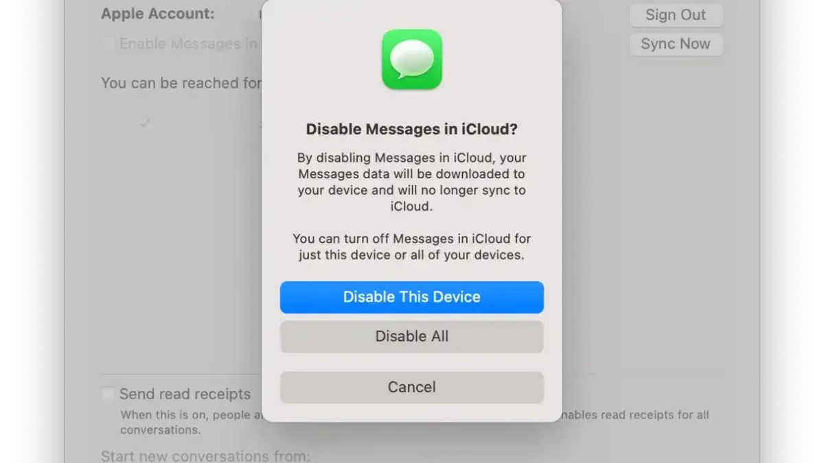 User adjusting settings to stop messages syncing to Mac in Messages app on MacBook