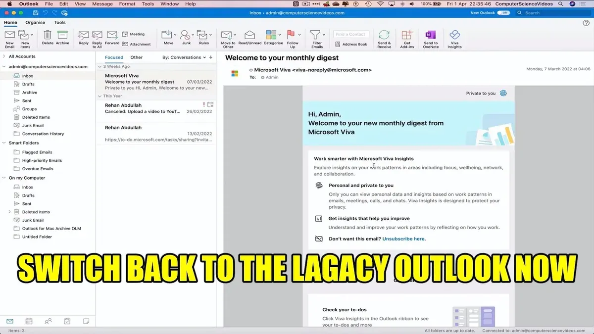 How to switch back to legacy Outlook in Outlook on Mac on a MacBook screen