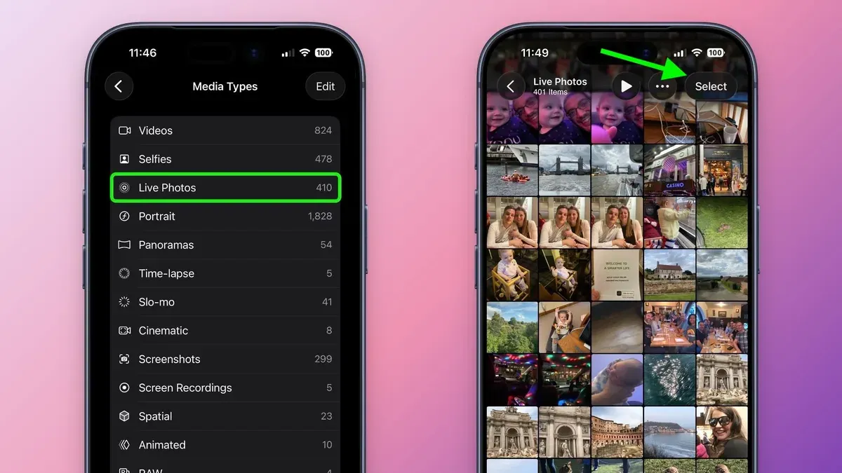 Screen showing how to turn a Live Photo into a video in Photos app on iPhone