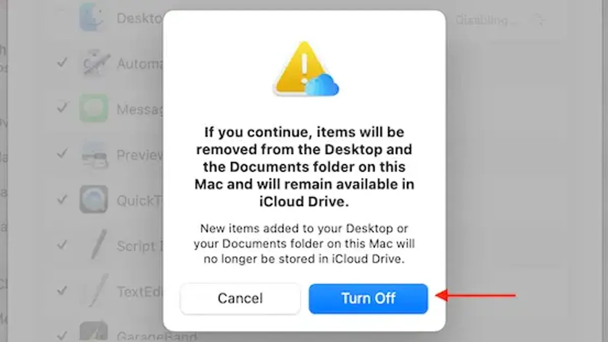 Mac screen with iCloud Drive Desktop and Documents sync settings visible