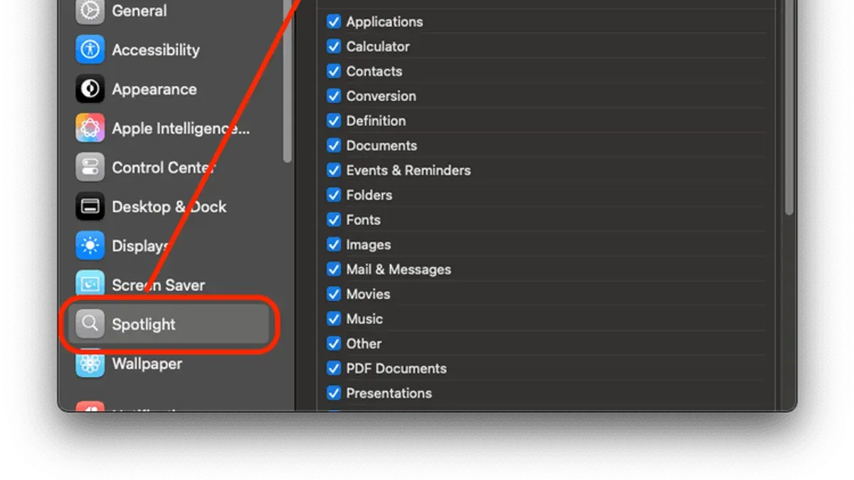 MacBook screen displaying how to turn off Spotlight web results on Mac in settings