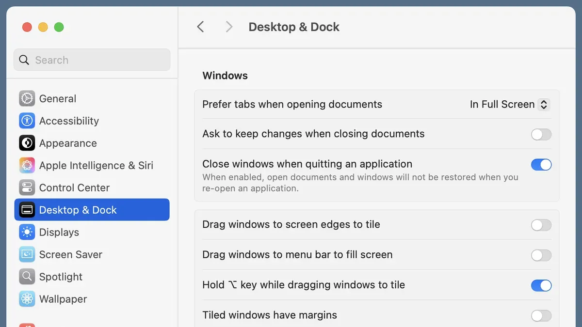 How to turn off window tiling on Mac with multiple app windows freely arranged