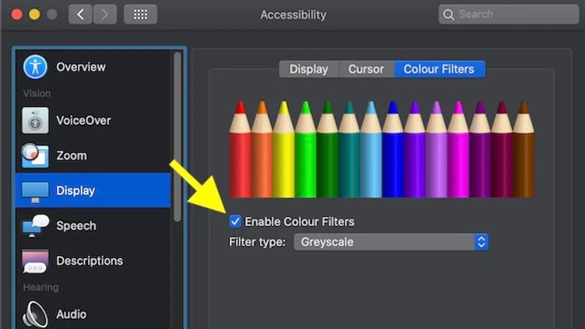 User enabling and customizing how to turn on color filters on Mac on laptop screen
