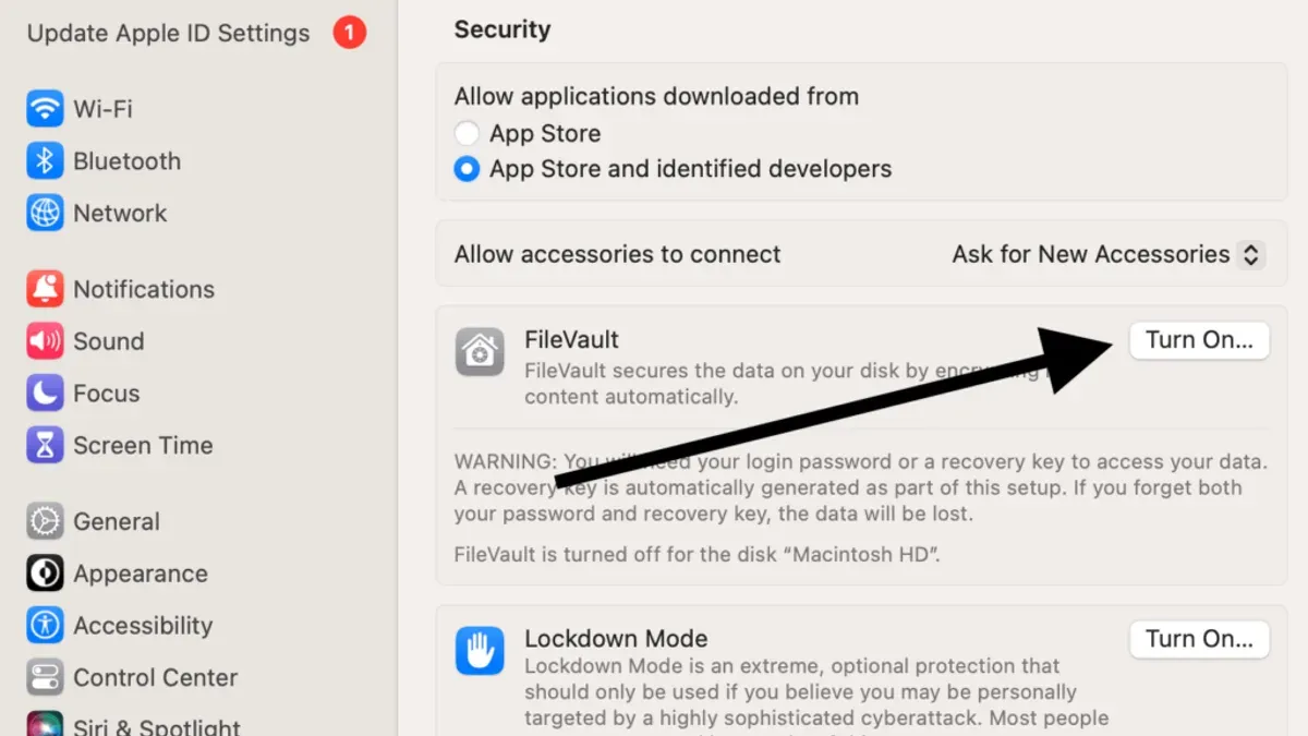 How to turn on FileVault on Mac showing encryption setup screen