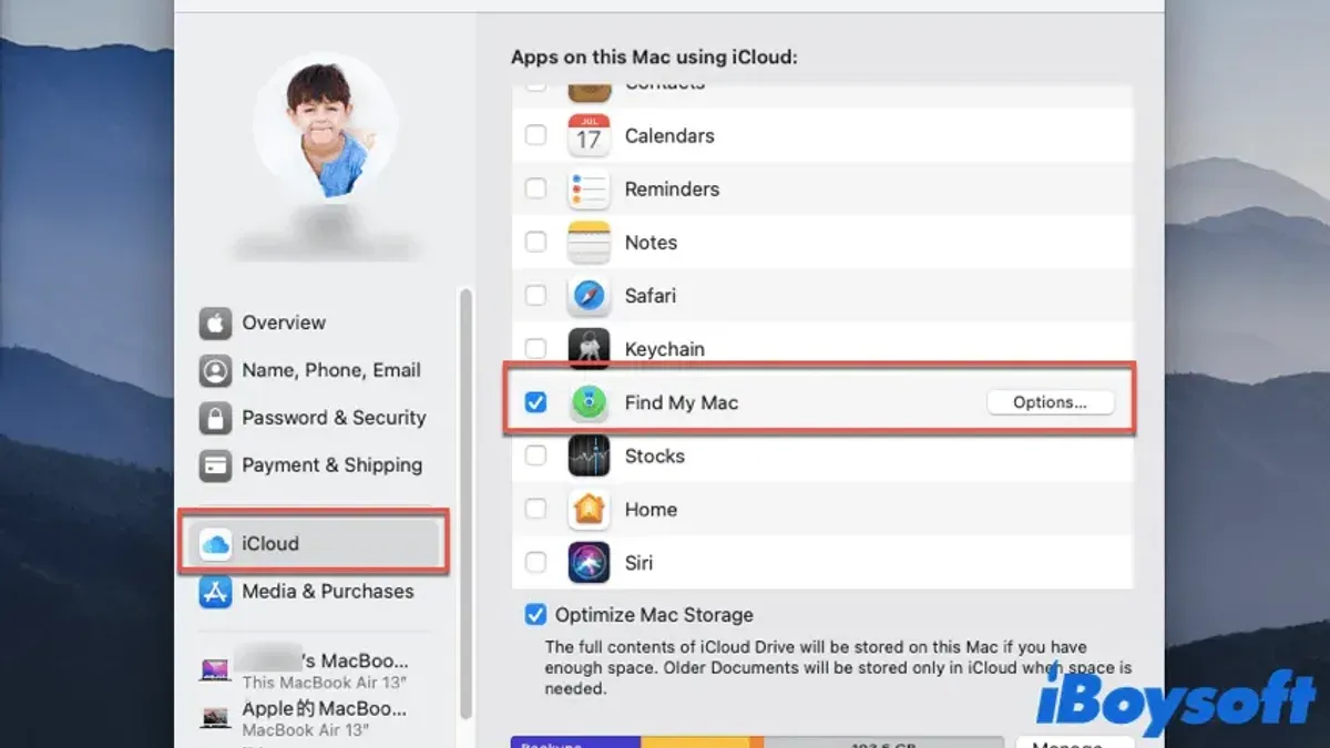 MacBook screen showing how to turn on Find My Mac on Mac settings