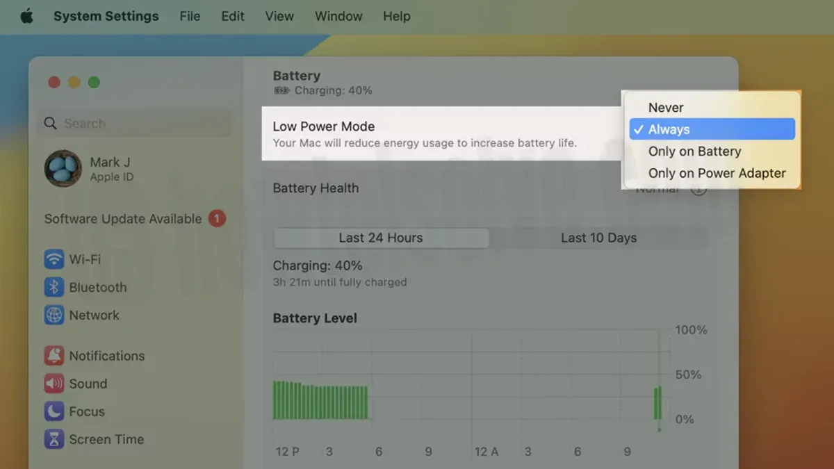 MacBook screen displaying how to turn on Low Power Mode on Mac to save battery