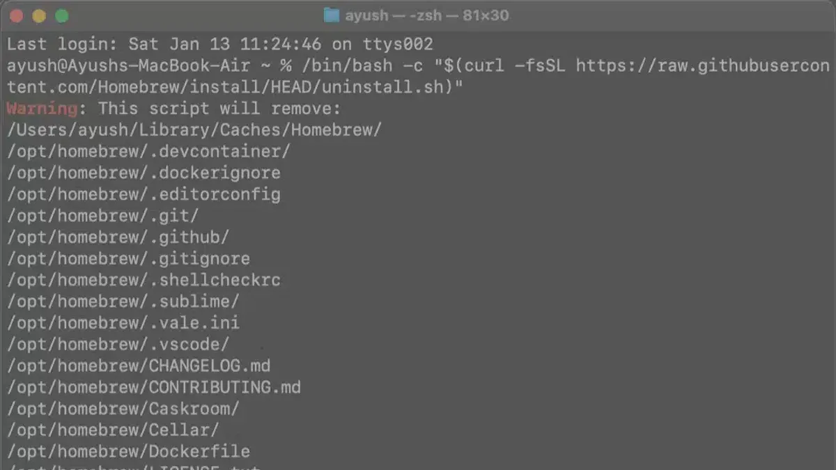 Mac Terminal window displaying commands to uninstall Homebrew