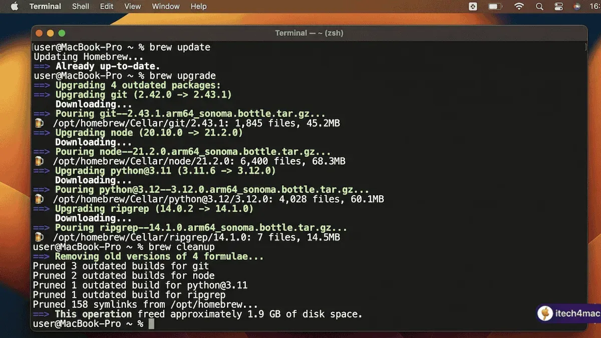 Mac Terminal displaying commands to update Homebrew packages in Mac Terminal