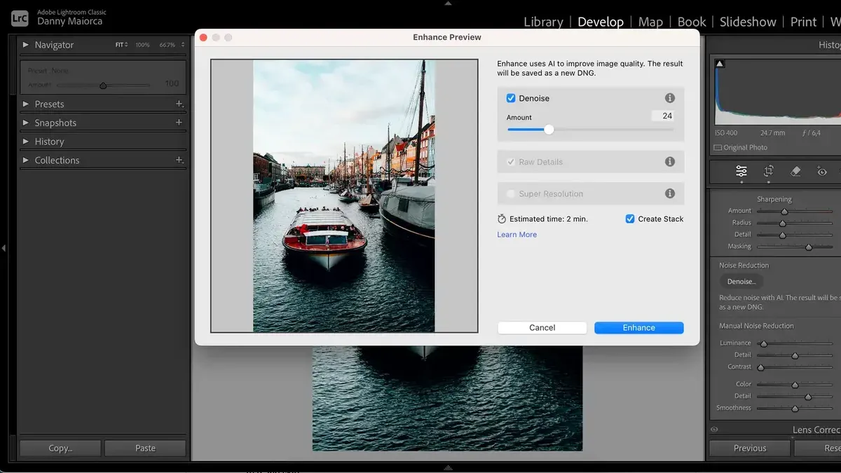 Using AI Denoise in Lightroom Classic on Mac to reduce noise in a photo