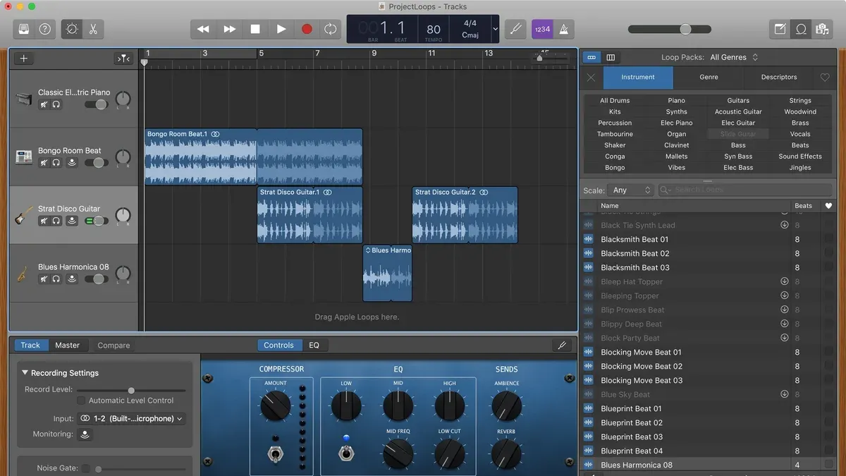 User adding Apple Loops in GarageBand on a laptop for music creation