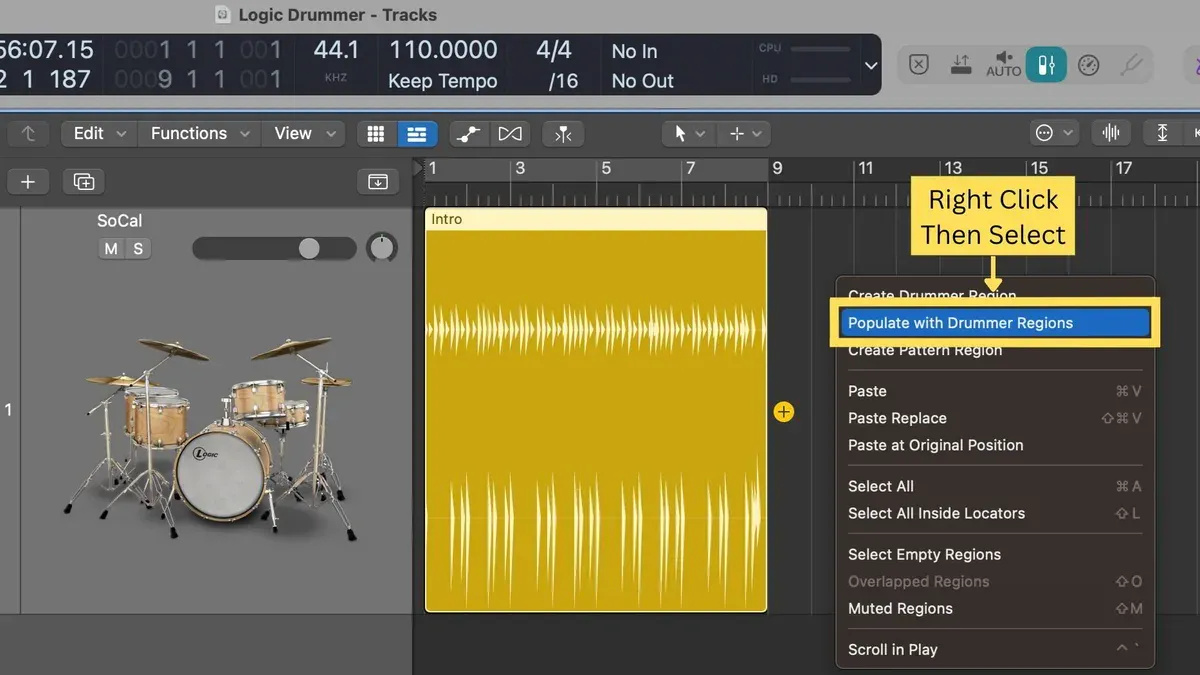 Music producer using Logic Pro to create drum tracks with Drummer feature