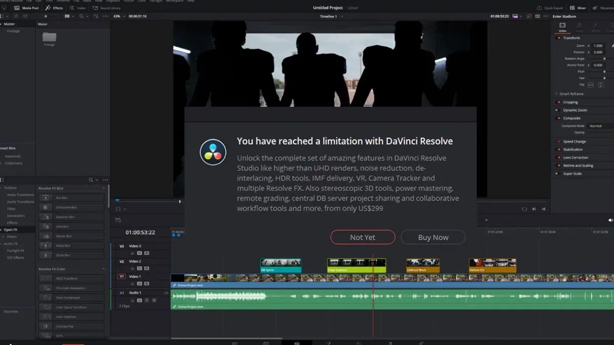 How to use free version limits in DaVinci Resolve on Mac editing interface on a MacBook