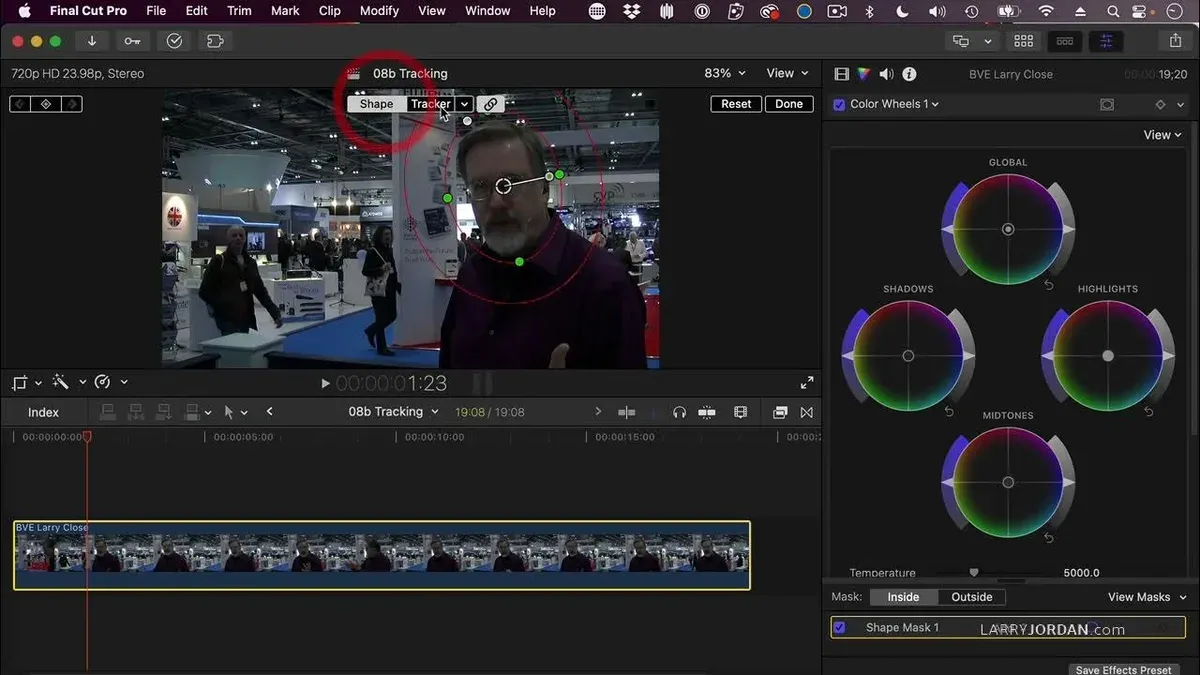 Video editor using Final Cut Pro to apply object tracker on moving footage