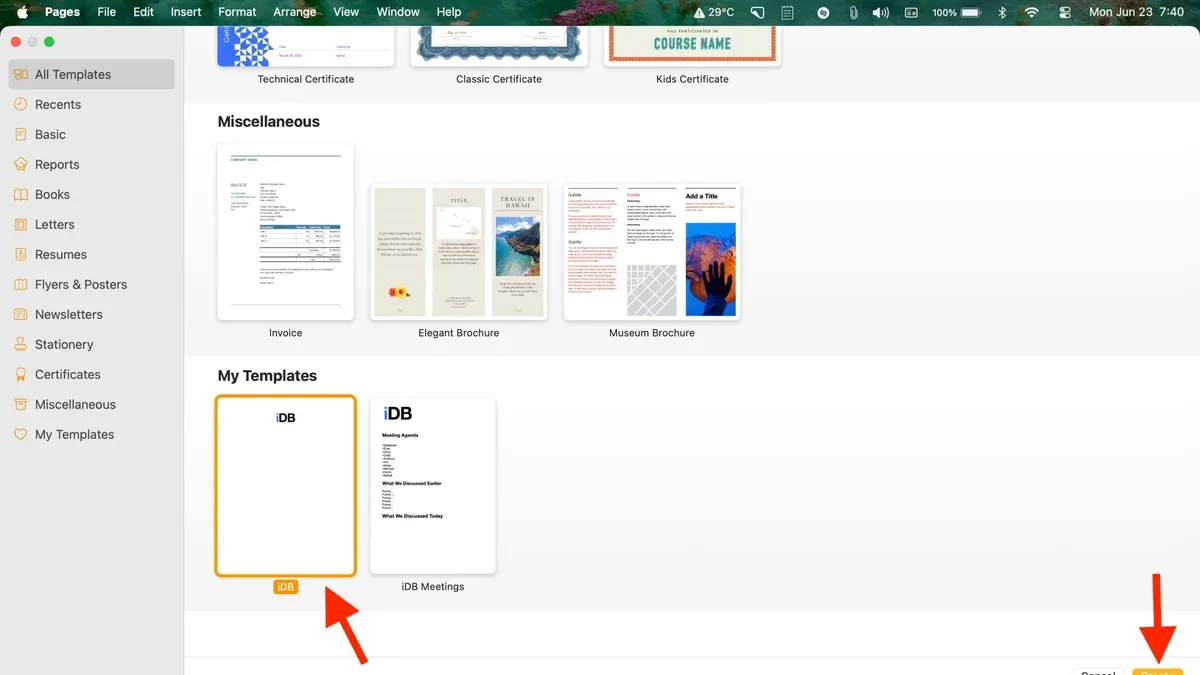 User working on a MacBook using Pages templates in Pages app