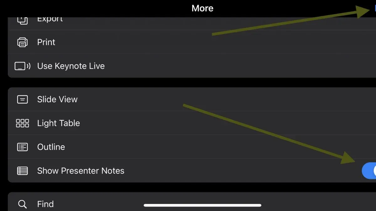 Using presenter notes in Keynote on laptop screen during a presentation