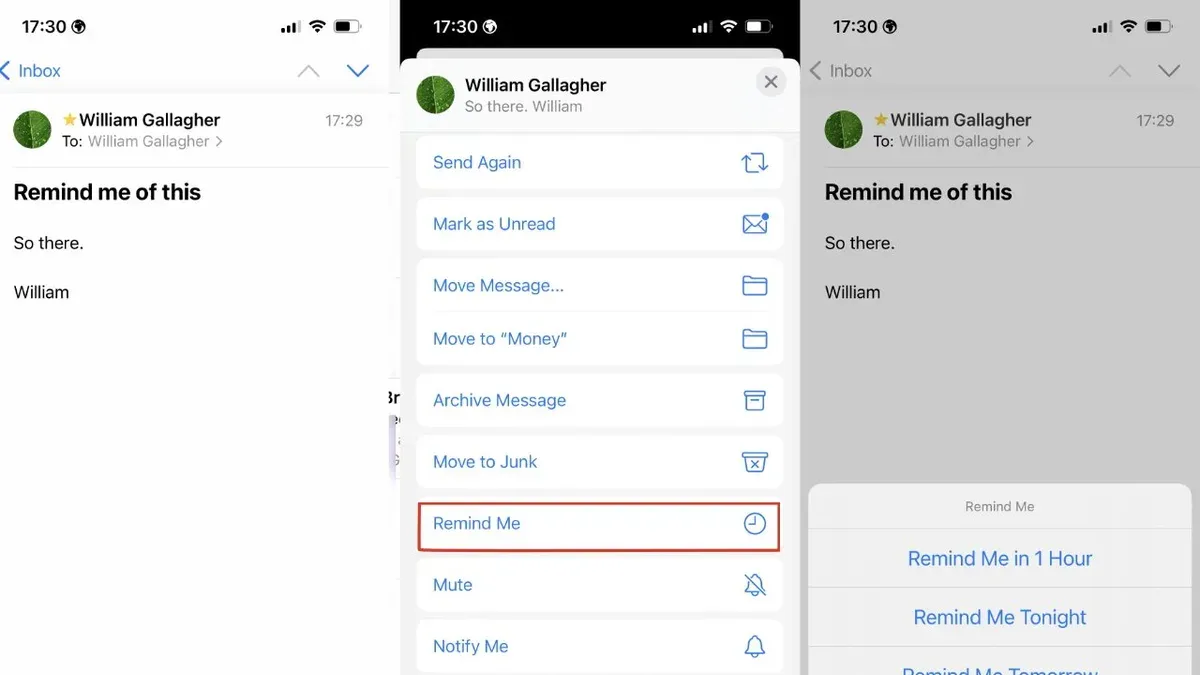 Person setting a reminder for follow ups in Mail app on smartphone