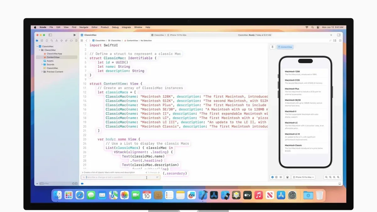 Developer using Swift Assist in Xcode on MacBook to write Swift code efficiently