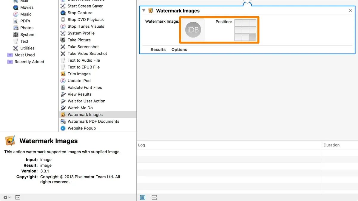 How to watermark images in Automator workflow displayed on MacBook screen