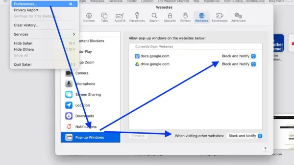Safari browser on MacBook showing how to allow pop-ups for one website in Safari
