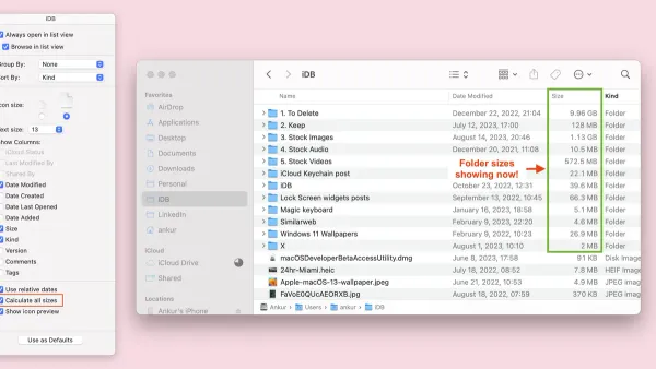 MacBook screen displaying how to calculate folder size in Finder on macOS accurately