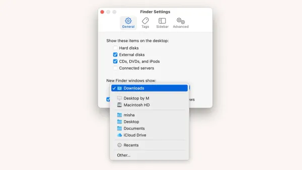 MacBook screen showing how to change default folder view in Finder on macOS