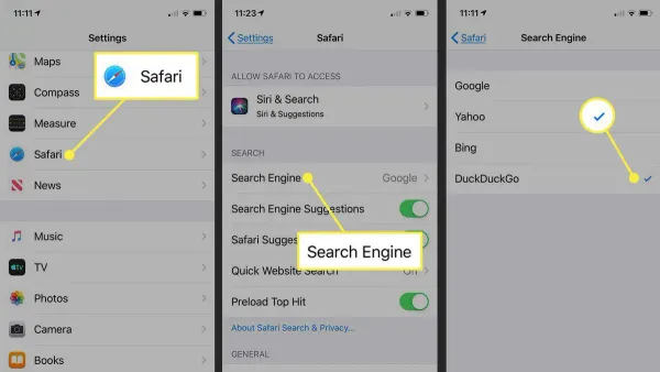 Person changing default search engine in Safari on Mac and iPhone