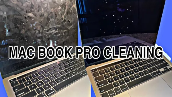 Person safely cleaning the screen on MacBook Pro M1 Pro with a microfiber cloth