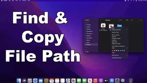 MacBook screen displaying how to copy file path in Finder with context menu open