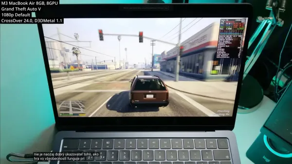 MacBook Air M3 playing GTA 5 showing gaming performance on screen