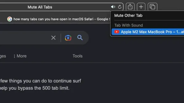 MacBook screen showing how to mute a noisy tab in Safari with visible speaker icon on tab