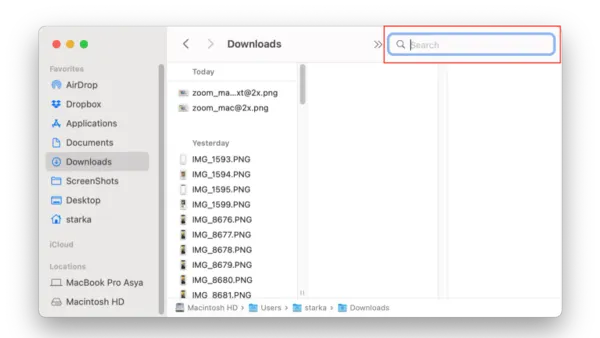 User performing a search inside file contents in Finder on macOS laptop