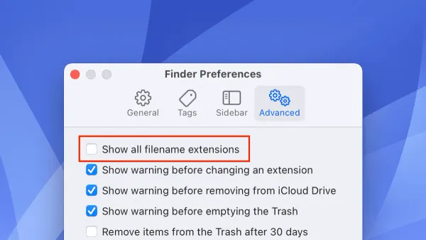 MacBook screen displaying Finder with file extensions visible for files