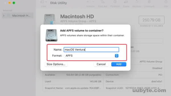 How to add an APFS volume in Disk Utility on a MacBook screen
